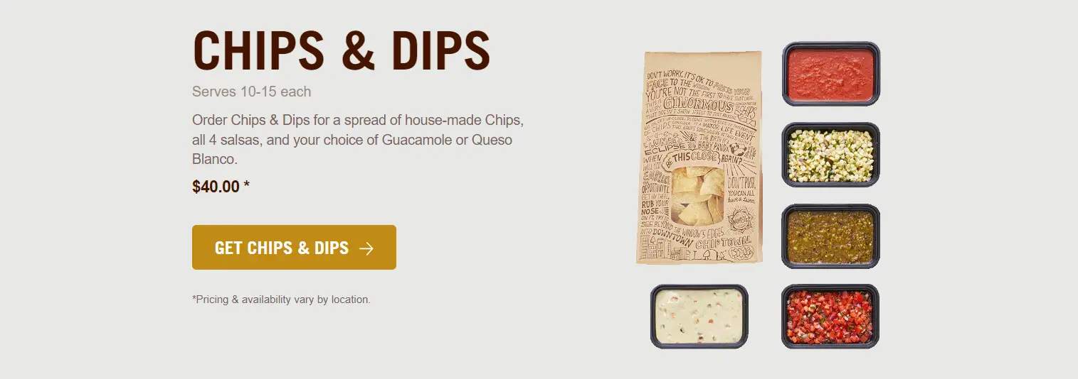 Chipotle catering menu dips and chips bundles